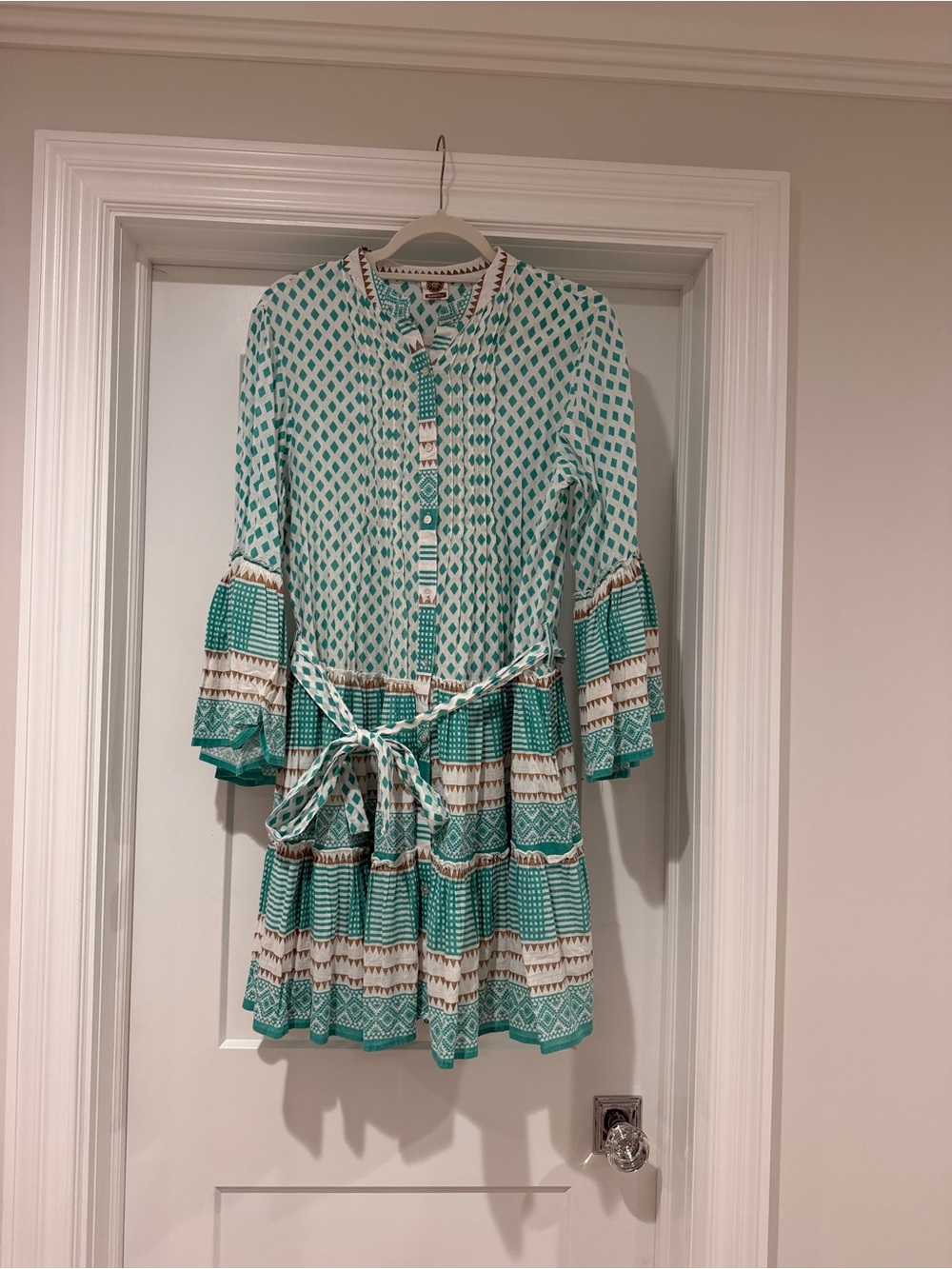 Casual Teal & White Tiered Button-Front Dress with Self-Tie Waist